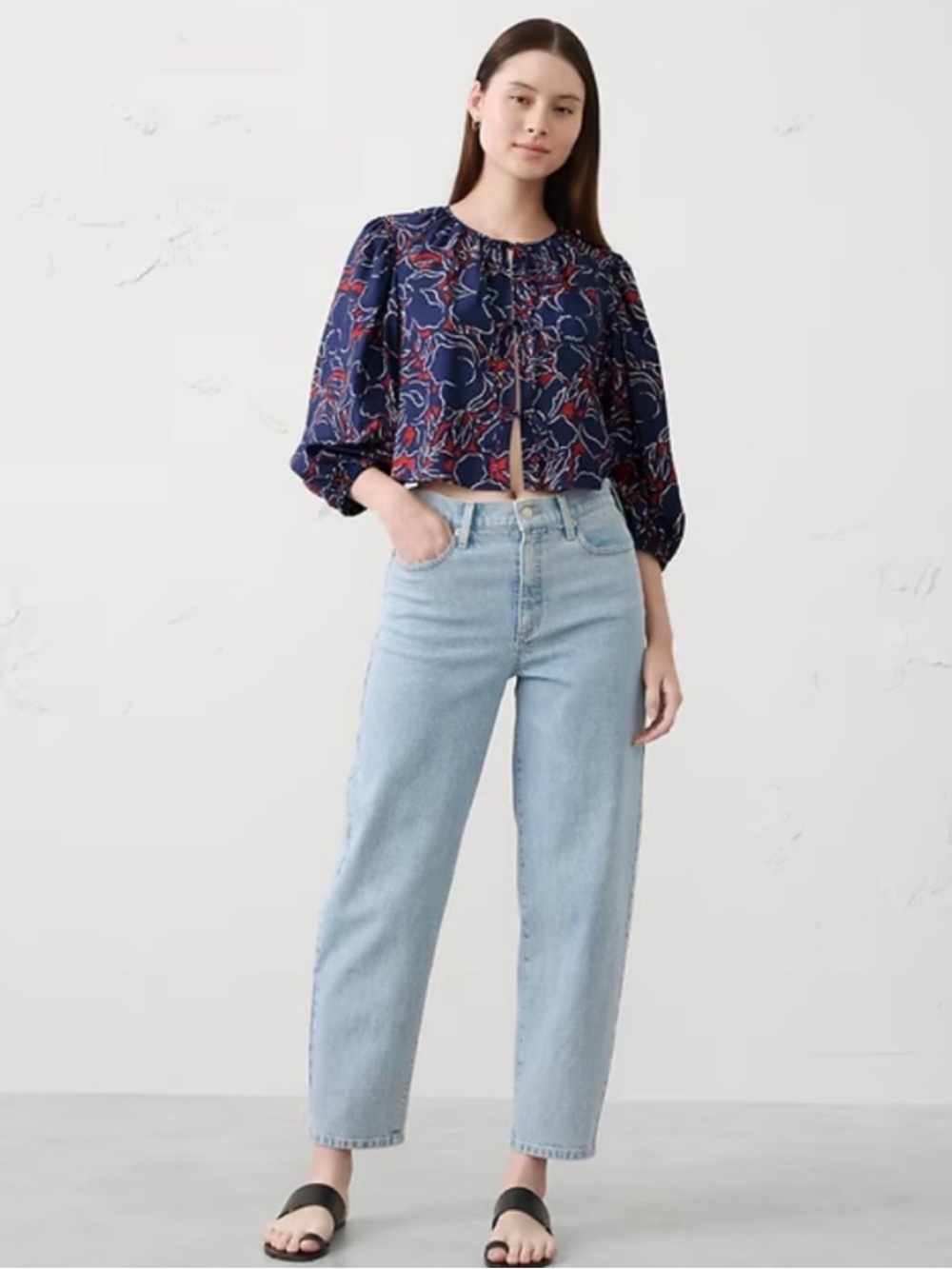 Banana Republic Factory Navy Floral Tie-Front Blouse - Picture 3 of 8